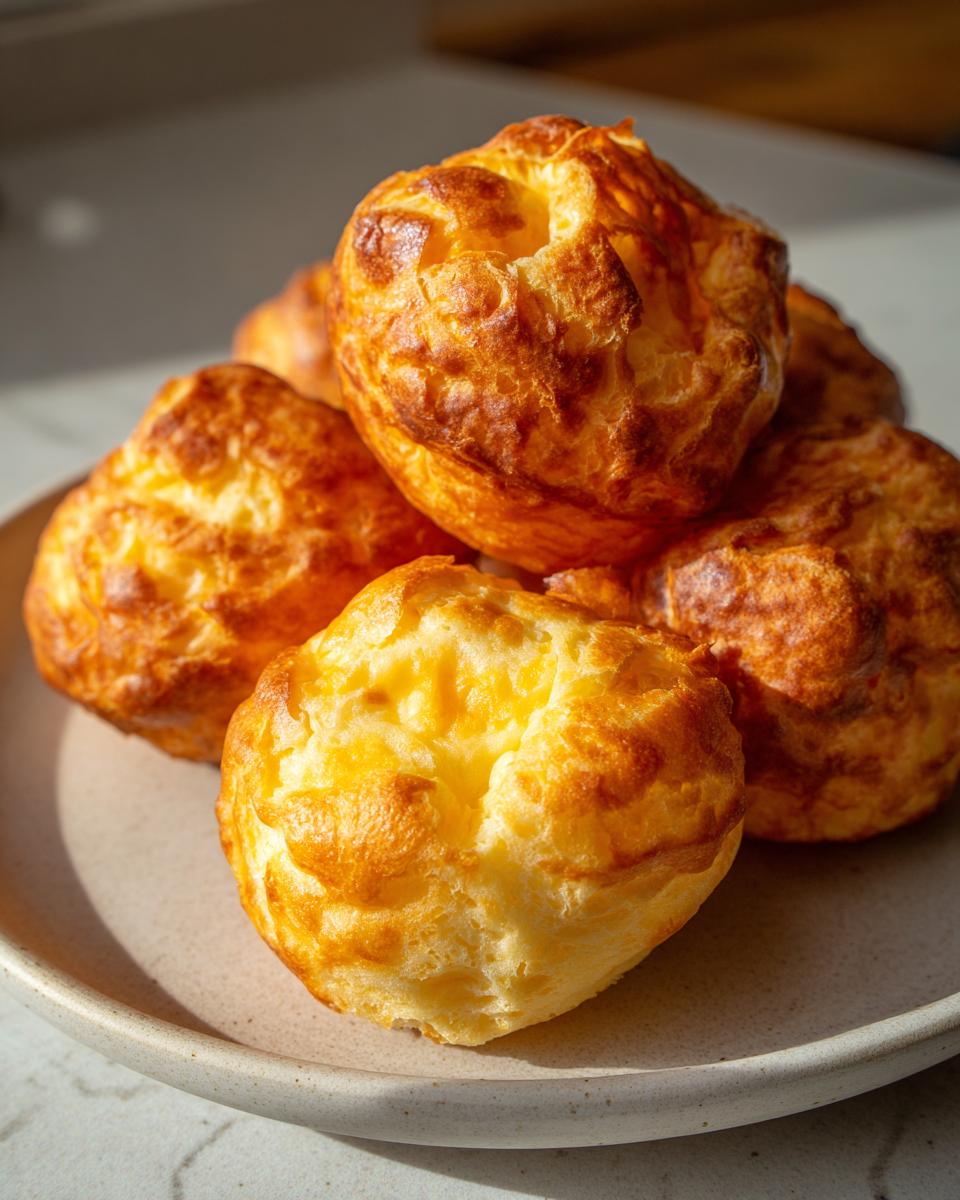 A close-up stack of freshly baked, golden brown brazilian cheese bread puffs resting on a light-colored ceramic plate.