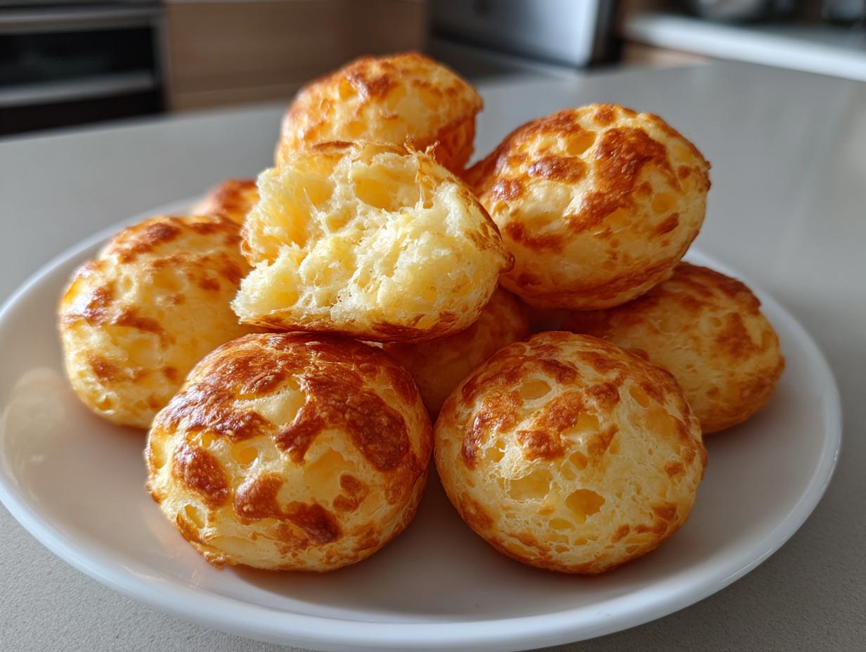 A pile of freshly baked, golden-brown brazilian cheese bread puffs, one broken open showing the airy interior.
