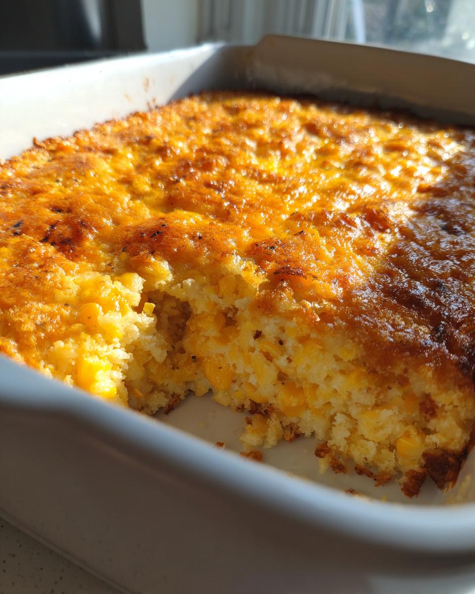 Close-up of a golden-brown, baked cream cheese corn casserole in a white baking dish with a serving removed.