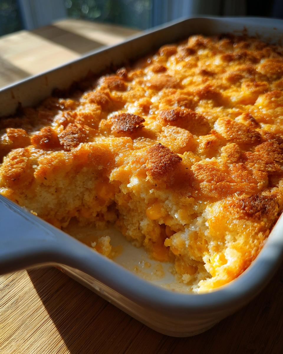 A close-up of a freshly baked cream cheese corn casserole with a golden, slightly crispy top, showing a scoop removed.