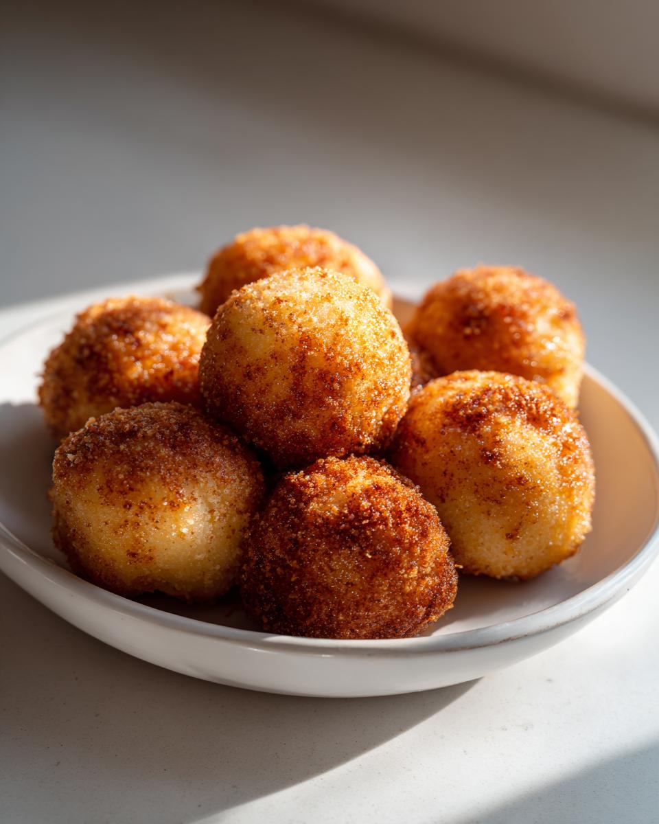 A small white bowl filled with several golden brown potato dumplings coated in a cinnamon sugar mixture.