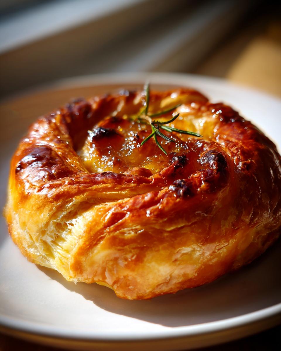 Close-up of golden, flaky puff pastry wrapped around melted filling, likely baked brie, topped with jam and rosemary.