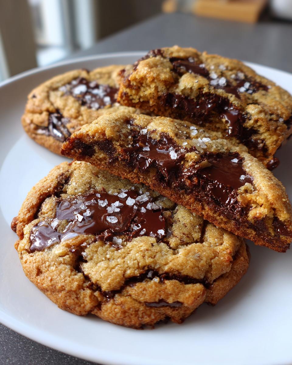 Close-up of gooey brown butter chocolate chip cookies, one broken open to show melted chocolate and flaky sea salt.