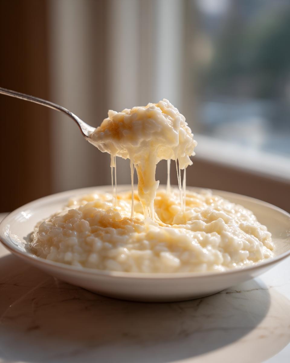 A spoonful of creamy, hot cheesy rice showing long, satisfying cheese pulls over the bowl.