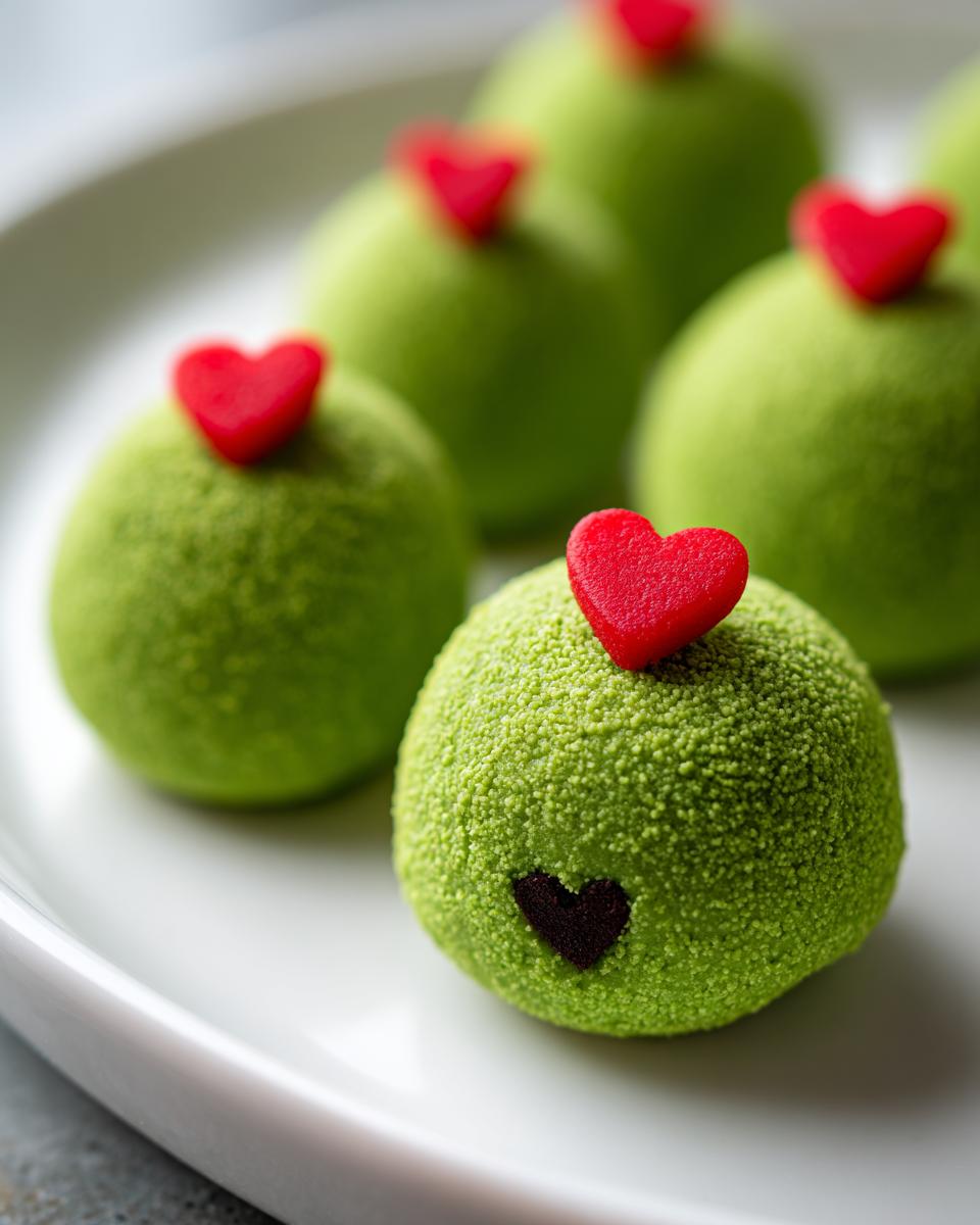 Several bright green, textured Grinch Oreo Balls topped with small red hearts, sitting on a white plate.