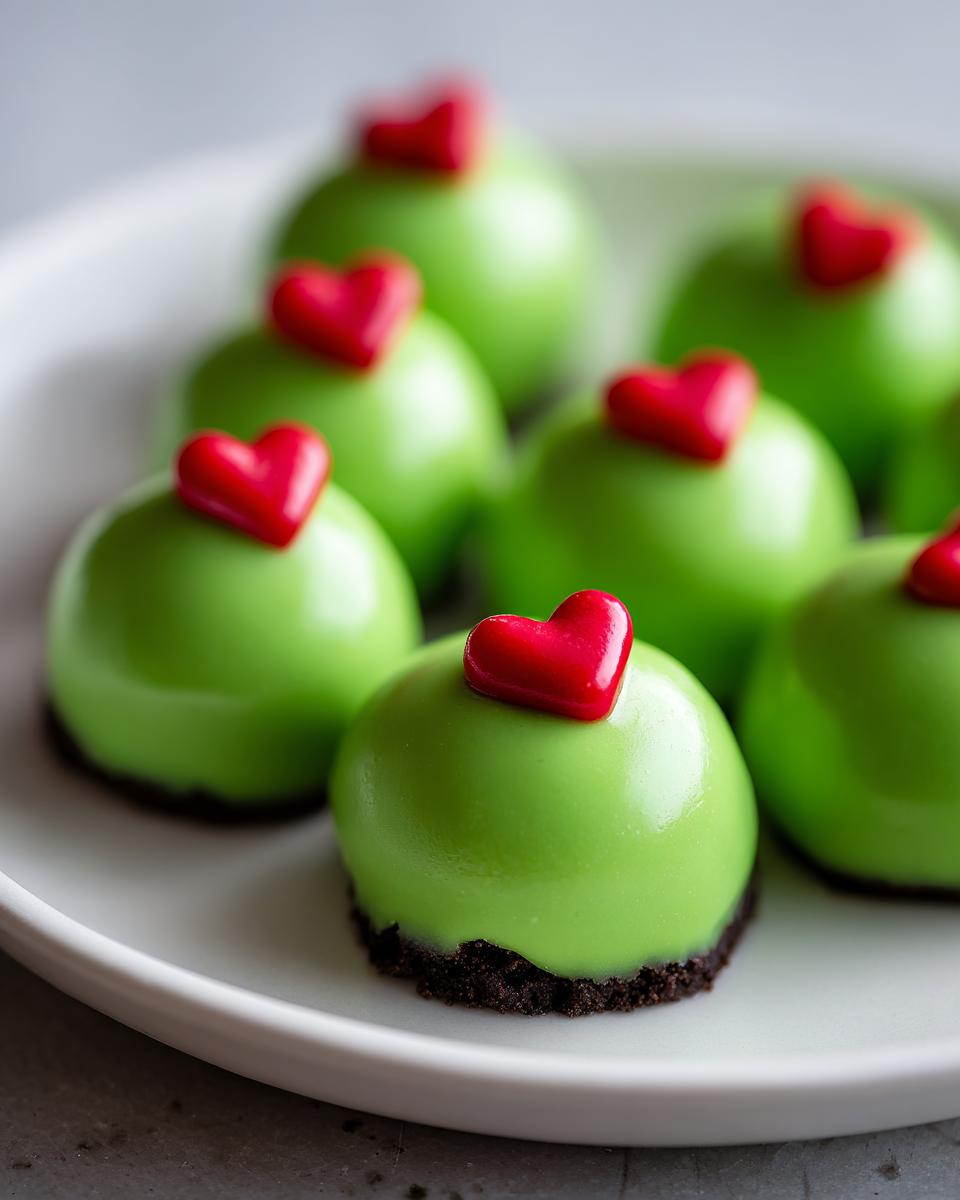 Close-up of bright green Grinch Oreo Balls with chocolate cookie bases, topped with small red candy hearts.