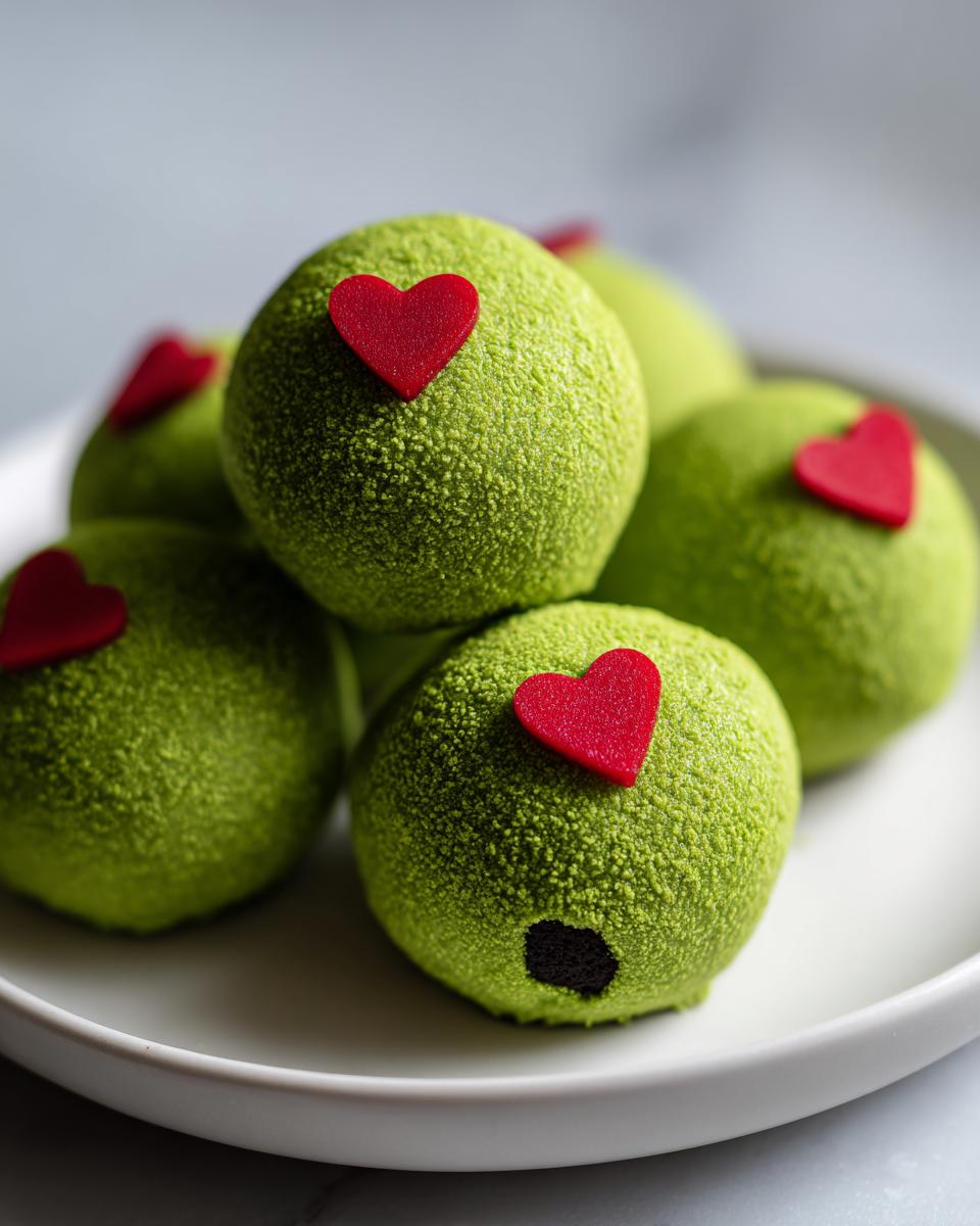A pile of vibrant green, textured Grinch Oreo Balls topped with small red hearts, served on a white plate.