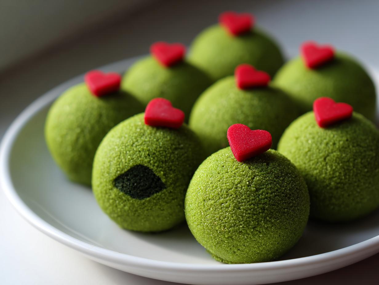 Several bright green, textured Grinch Oreo Balls topped with small red hearts, arranged on a white plate.