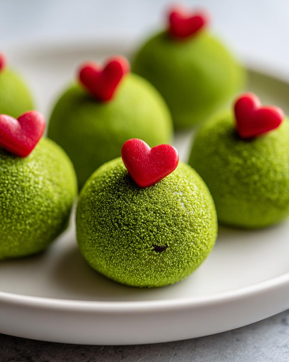 Several bright green Grinch Oreo Balls decorated with small red candy hearts on a white plate.