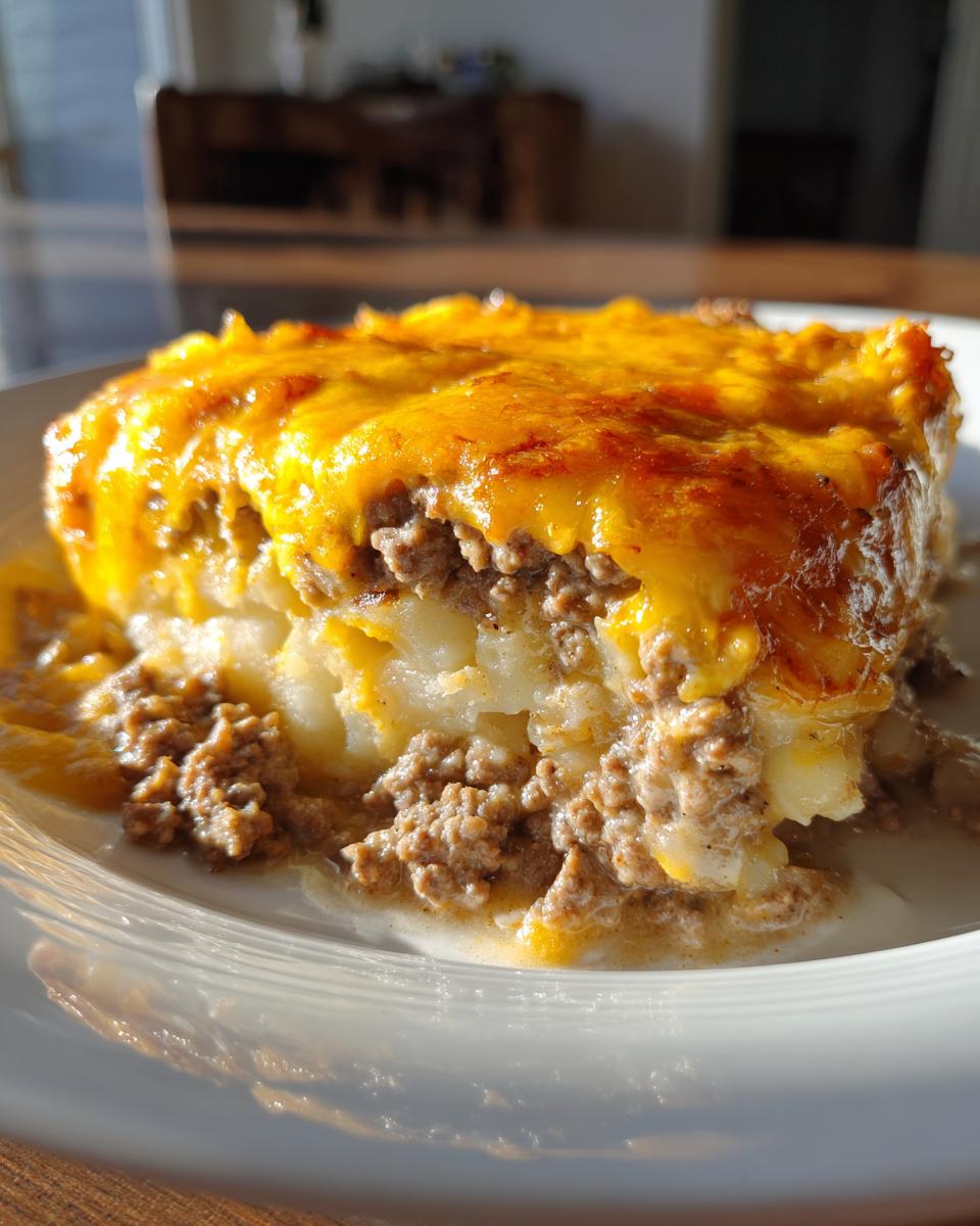 A close-up of a hearty slice of hamburger potato casserole topped with bubbly, melted cheddar cheese.