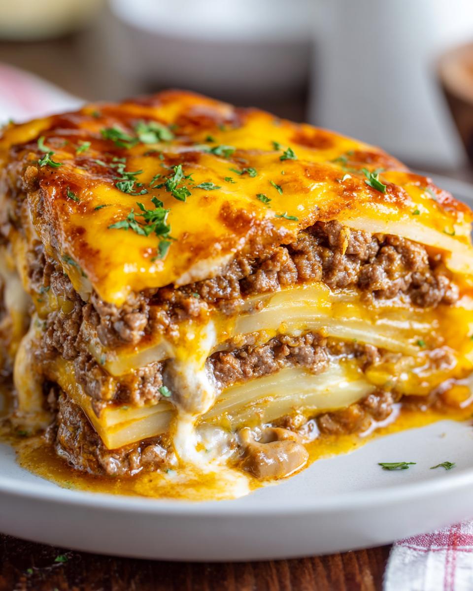 A close-up of a layered slice of hamburger potato casserole topped with melted cheddar cheese and parsley.
