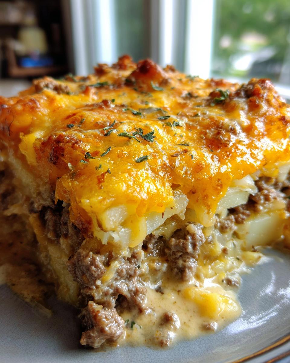 Close-up of a rich slice of hamburger potato casserole topped with melted cheddar cheese.