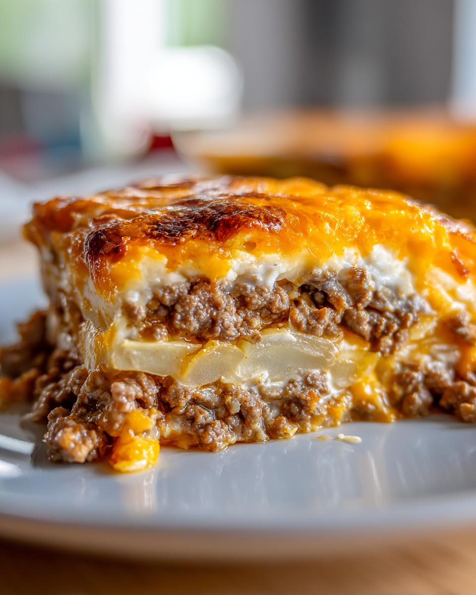 Close-up of a hearty slice of hamburger potato casserole with layers of ground meat, potatoes, and a cheesy, browned topping.