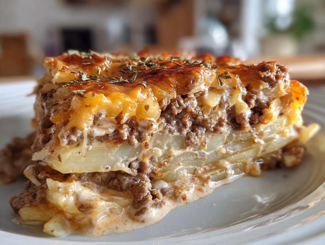 Close-up of a layered slice of hamburger potato casserole with ground beef, creamy sauce, and melted cheese topping.