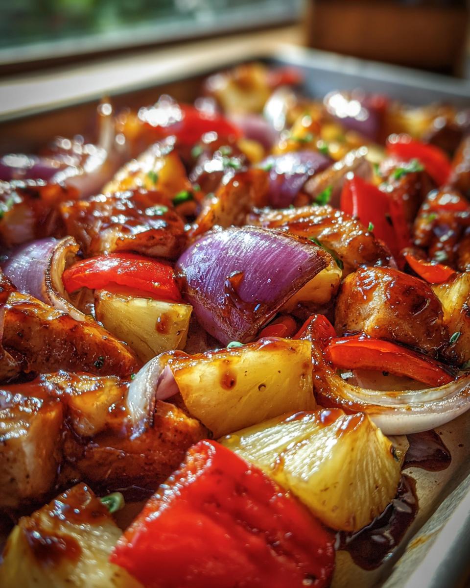 Close-up of roasted chicken pieces, pineapple chunks, red peppers, and red onion coated in a dark glaze for hawaiian chicken sheet pan.