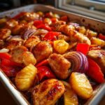 Close-up of glazed chicken pieces, pineapple chunks, red peppers, and red onion baking in a white dish for hawaiian chicken sheet pan.