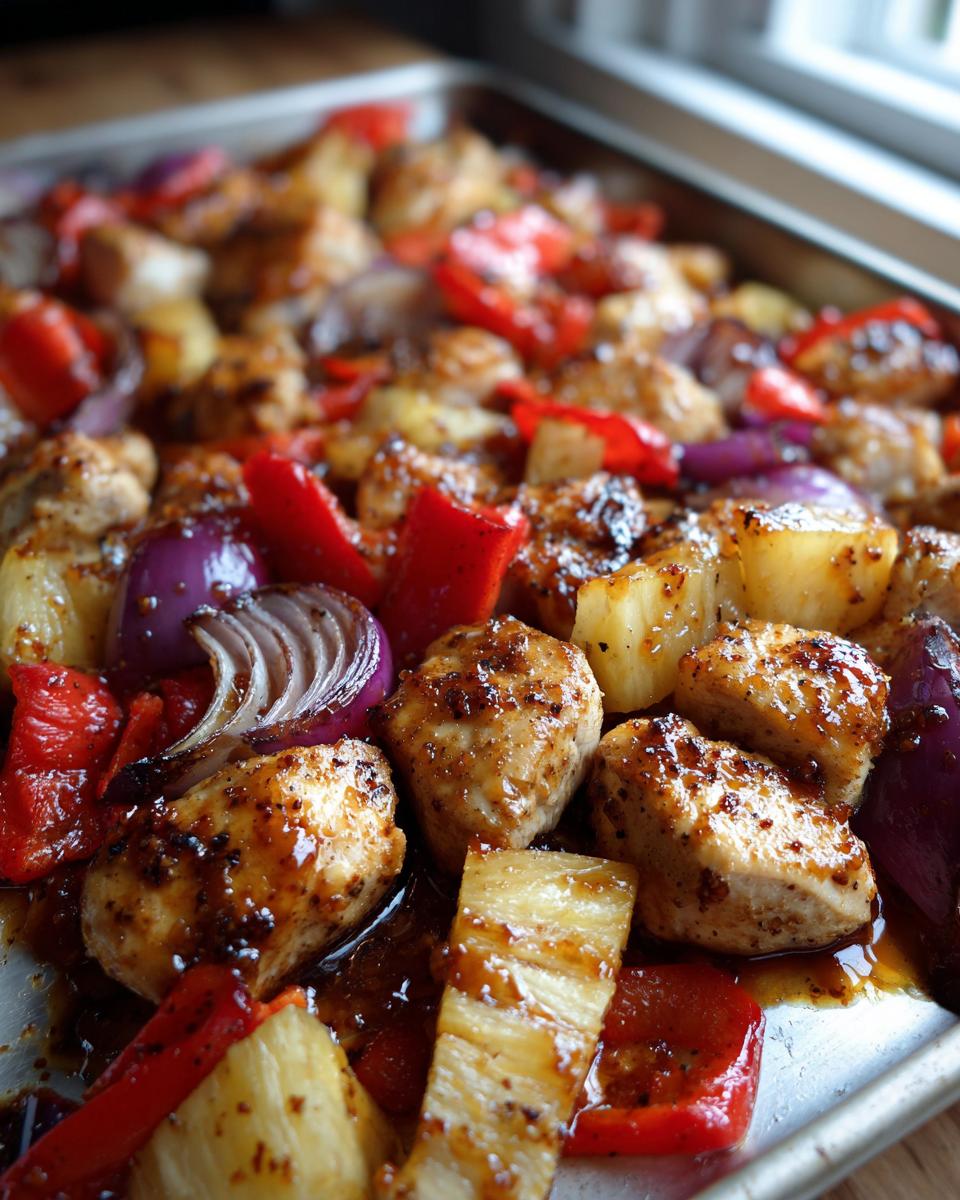 Close-up of juicy, glazed hawaiian chicken sheet pan pieces mixed with pineapple, red peppers, and red onion on a baking sheet.