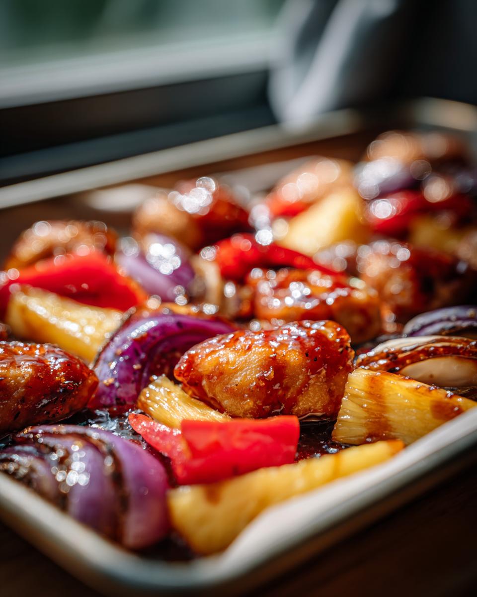 Close-up of glistening, glazed chicken pieces mixed with pineapple, red peppers, and purple onion on a sheet pan for hawaiian chicken sheet pan.