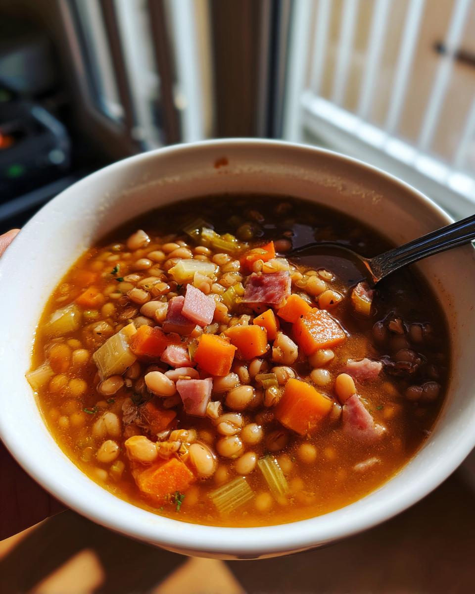 Close-up of a white bowl filled with savory 15 bean soup, featuring white beans, carrots, celery, and diced ham.