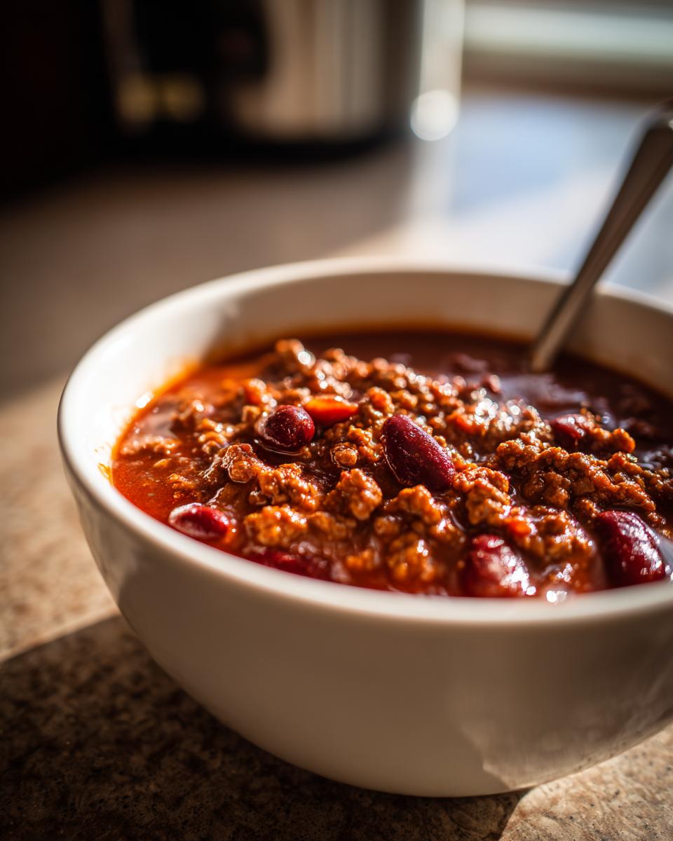 Close-up of a hearty bowl of chili, rich with ground meat and kidney beans, ready to eat.