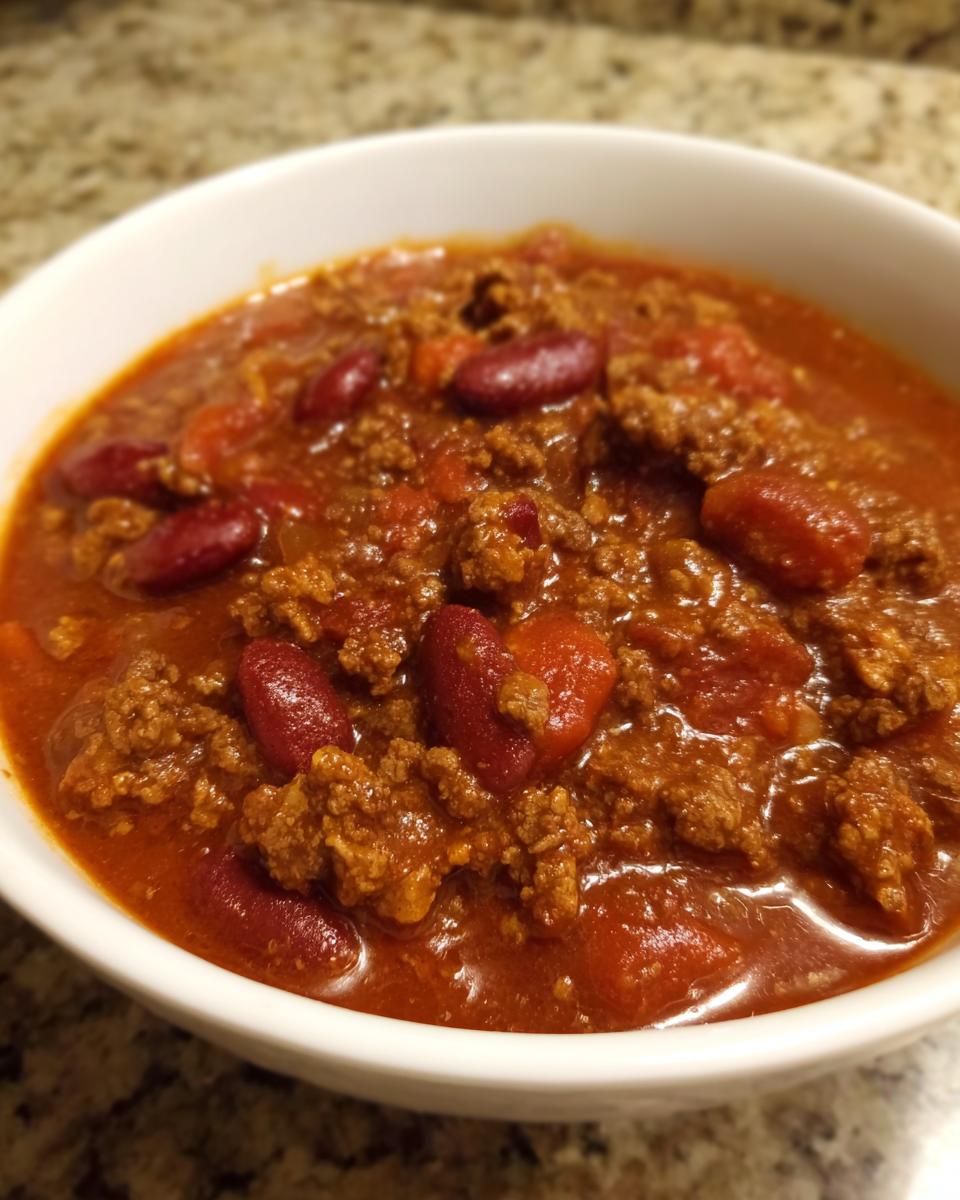 Close-up of a white bowl filled with thick, hearty chili featuring ground meat and kidney beans.
