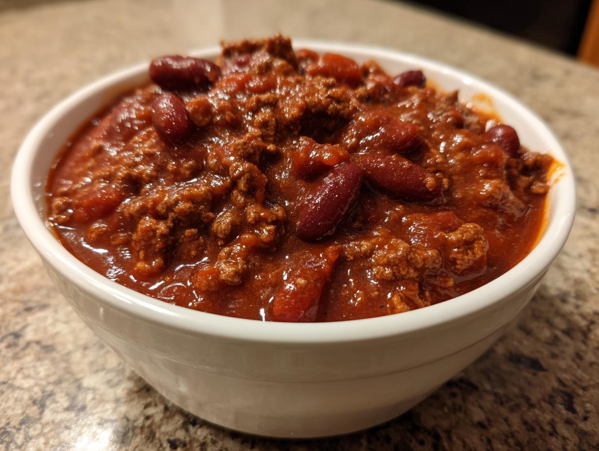 Close-up of a white bowl filled with rich, thick chili featuring ground meat and visible kidney beans.