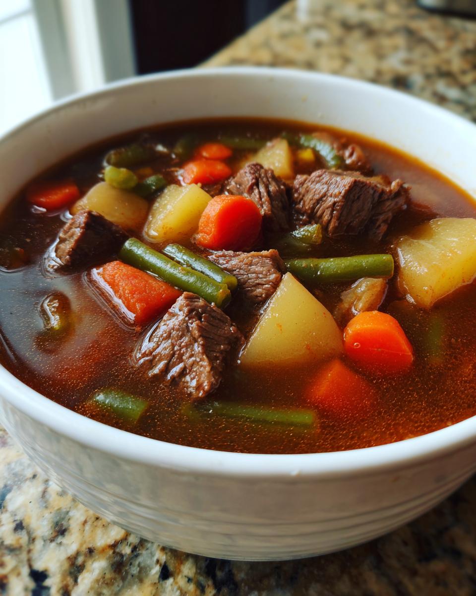 Close-up of a white bowl filled with rich, dark broth vegetable beef soup, featuring large chunks of beef, potatoes, carrots, and green beans.