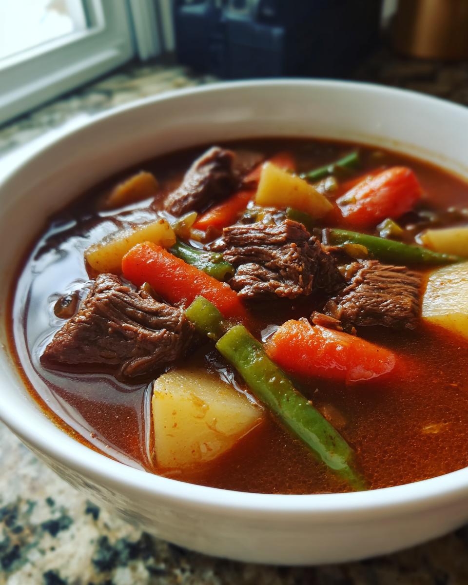 Close-up of a white bowl filled with hearty vegetable beef soup, showing chunks of beef, carrots, potatoes, and green beans.
