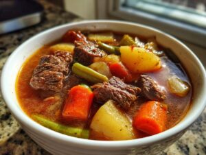 Close-up of a steaming white bowl filled with rich vegetable beef soup, featuring chunks of beef, carrots, potatoes, and green beans.
