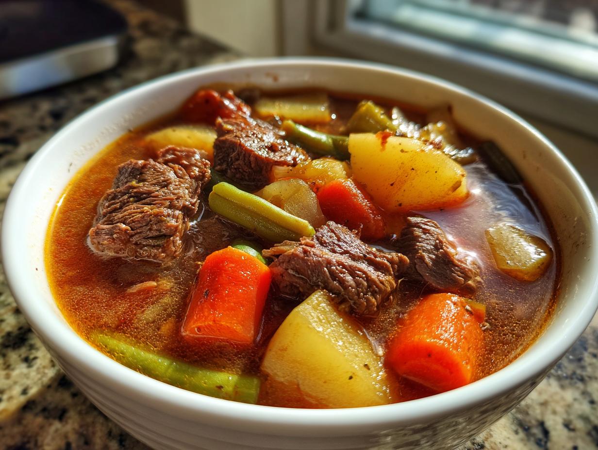 Close-up of a steaming white bowl filled with rich vegetable beef soup, featuring chunks of beef, carrots, potatoes, and green beans.