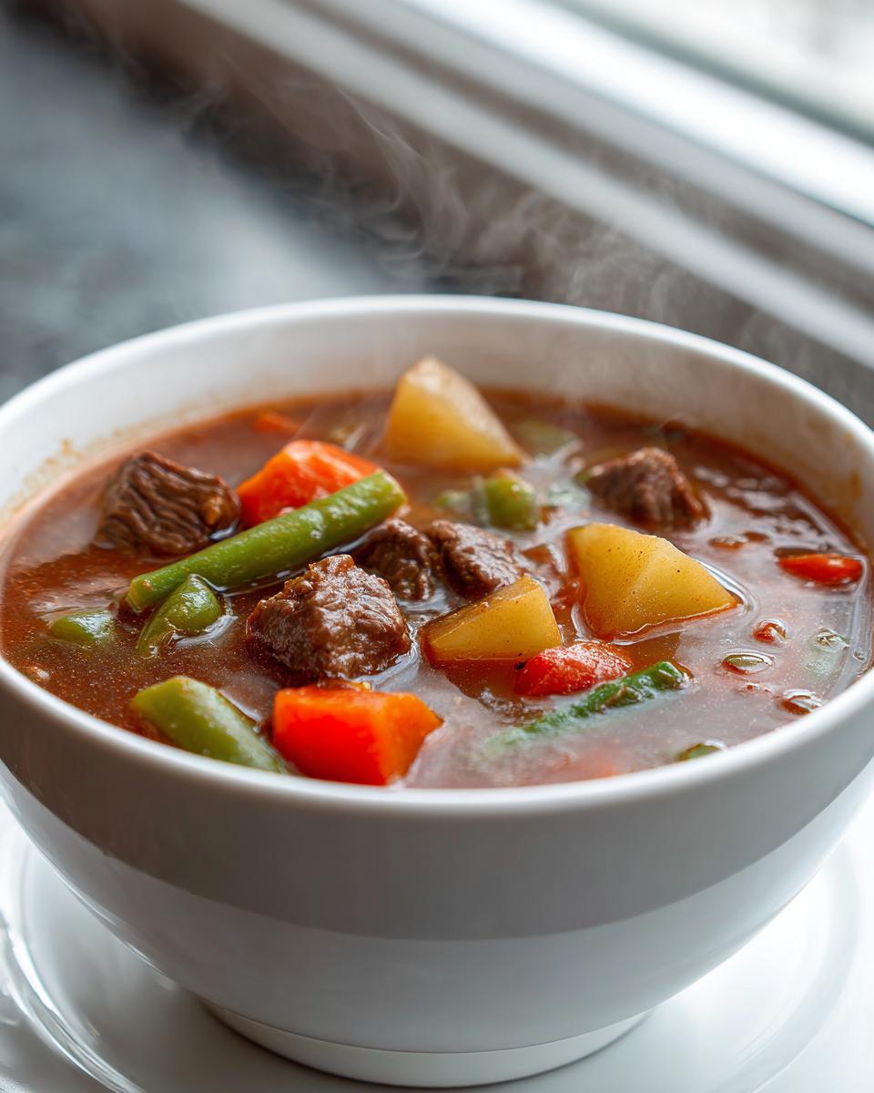 Close-up of a steaming white bowl filled with hearty vegetable beef soup, showing chunks of beef, potatoes, carrots, and green beans.