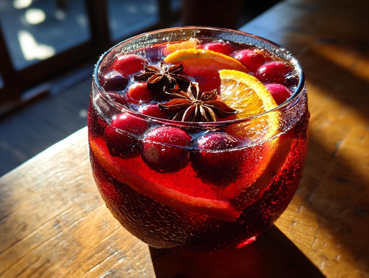 Close-up of a glass of deep red holiday sangria garnished with fresh cranberries, orange slices, and star anise.