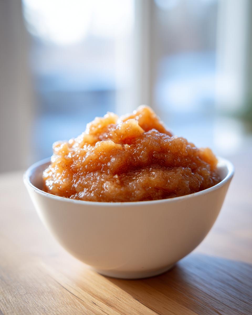 A close-up of chunky, homemade applesauce piled high in a small white bowl, sitting on a wooden surface.
