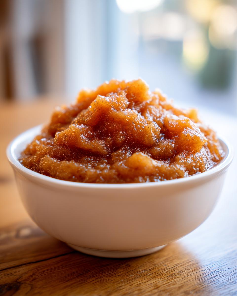 A white bowl filled high with rich, spiced homemade applesauce, sitting on a wooden table.