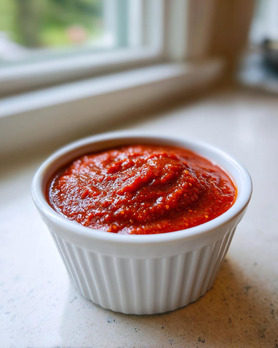A close-up of vibrant, zesty homemade cocktail sauce served in a small white fluted ramekin.