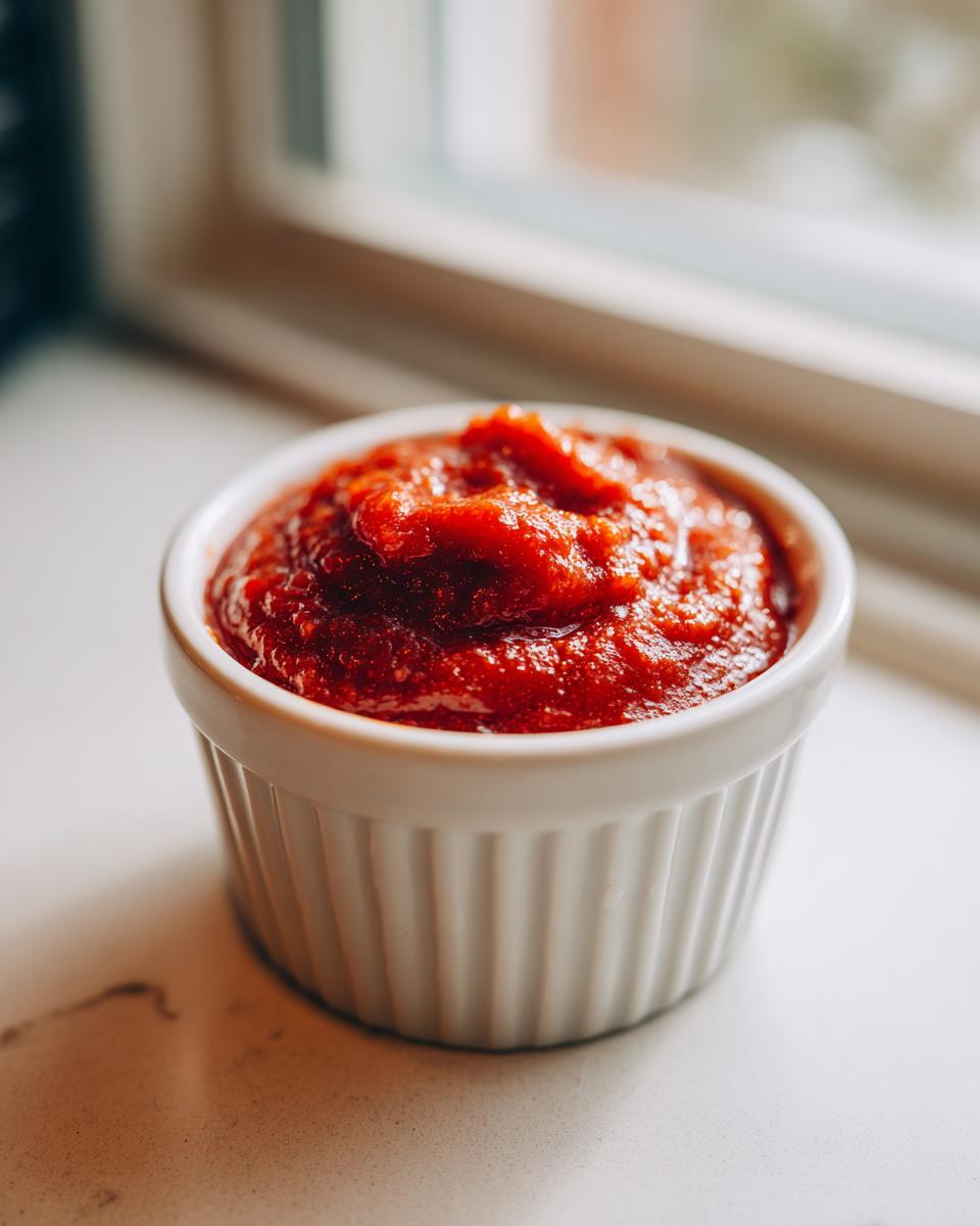 Close-up of vibrant red homemade cocktail sauce served in a small white fluted ramekin.