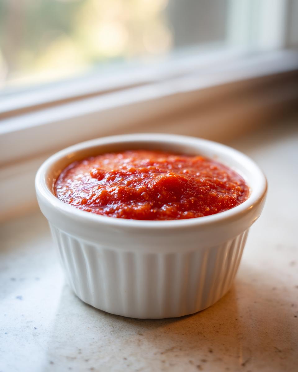 A close-up of bright red homemade cocktail sauce served in a small, white, fluted ramekin.