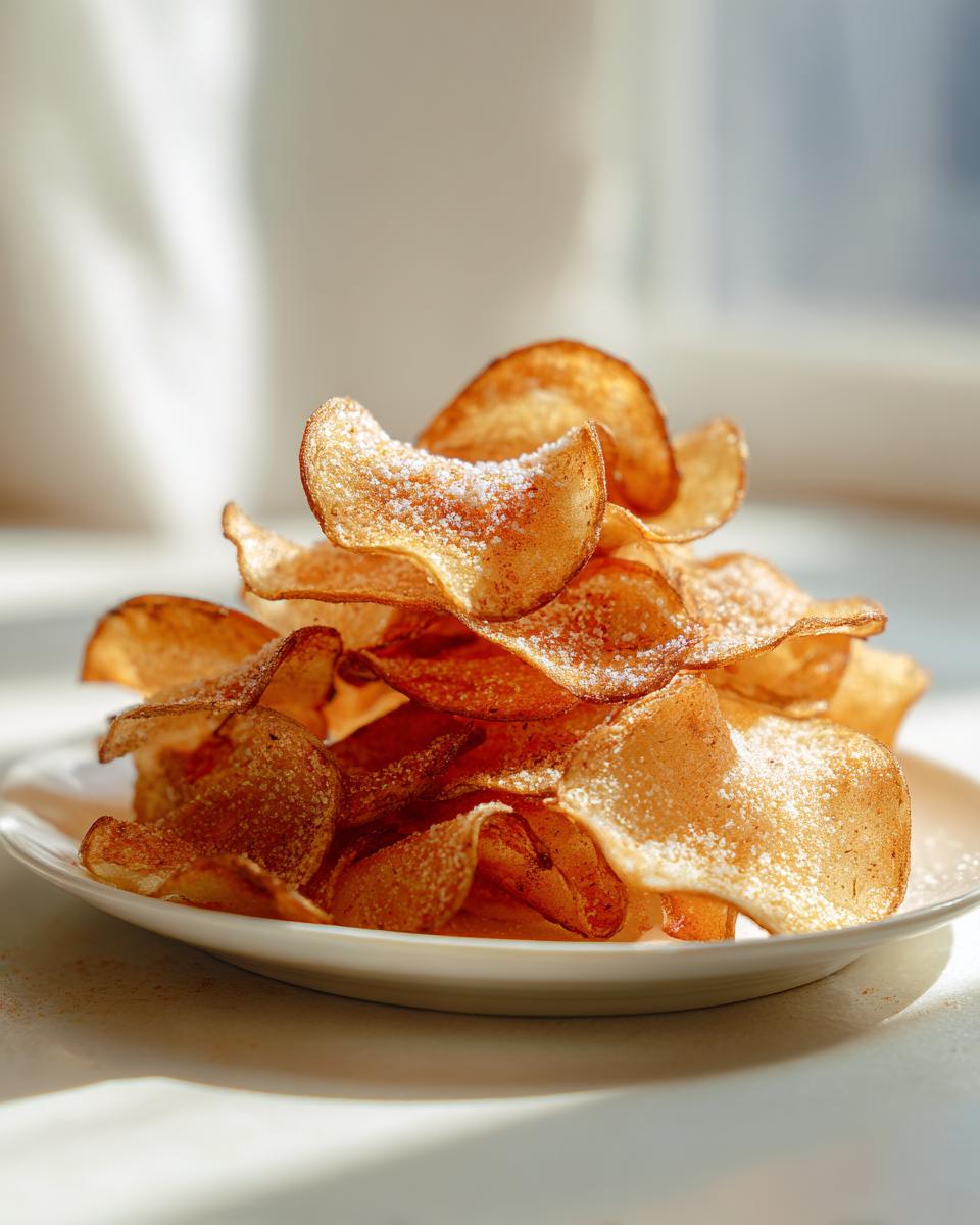 A close-up of a tall stack of homemade, thinly sliced potato chips dusted with seasoning on a small white plate.