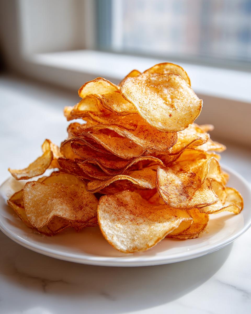 A tall stack of golden brown, seasoned potato chips piled high on a white plate.