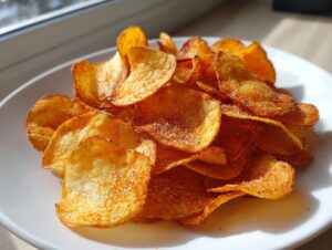 A close-up of freshly made, seasoned potato chips sprinkled with salt, piled on a white plate.