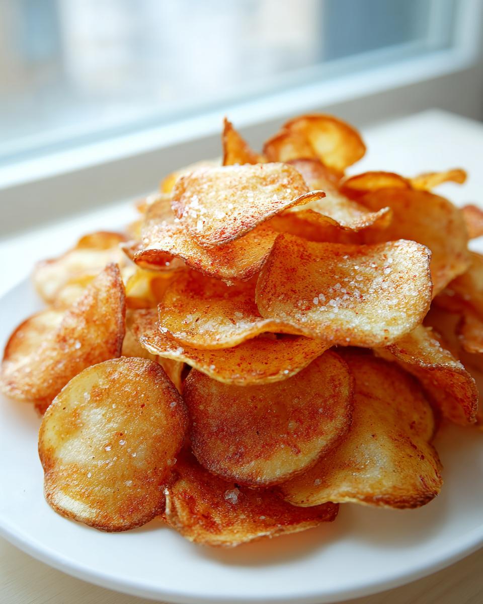 A close-up of a mound of crispy, golden-brown homemade potato chips seasoned with salt.