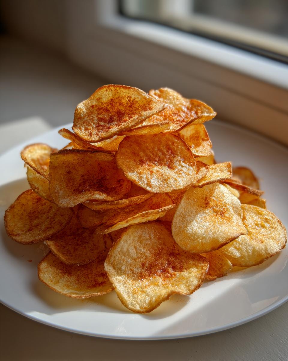 A tall pile of golden, homemade potato chips seasoned with paprika sits on a white plate near a window.