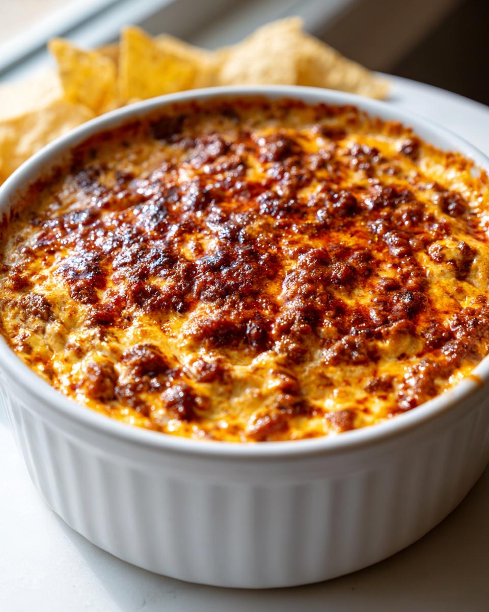 Close-up of a hot, bubbly sausage cream cheese dip baked in a white fluted ramekin, served with tortilla chips.