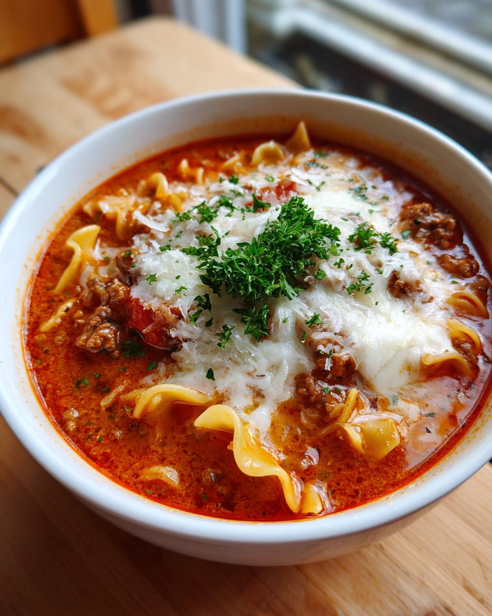 Close-up of a white bowl filled with rich, red instant pot lasagna soup, topped with melted mozzarella, parmesan, and fresh parsley.