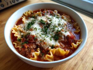 A close-up of a bowl of rich instant pot lasagna soup, topped with melted cheese and fresh parsley.