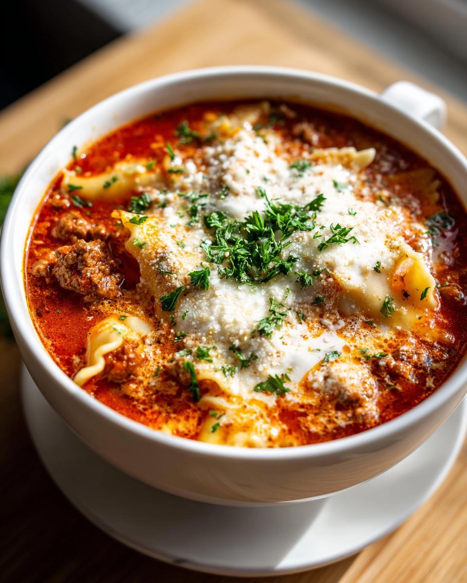 Close-up of a steaming bowl of instant pot lasagna soup topped with ricotta, parmesan, and fresh parsley.
