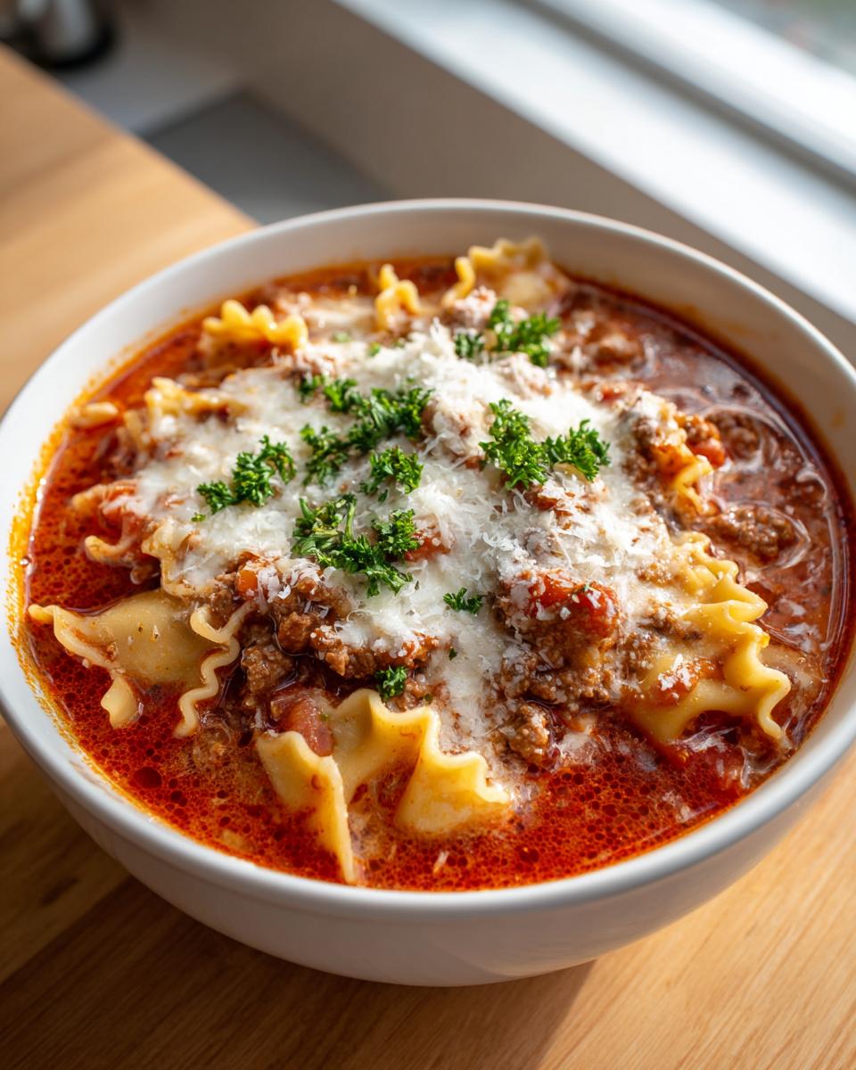 Close-up of a white bowl filled with rich, red instant pot lasagna soup, topped with meat, melted cheese, and fresh parsley.