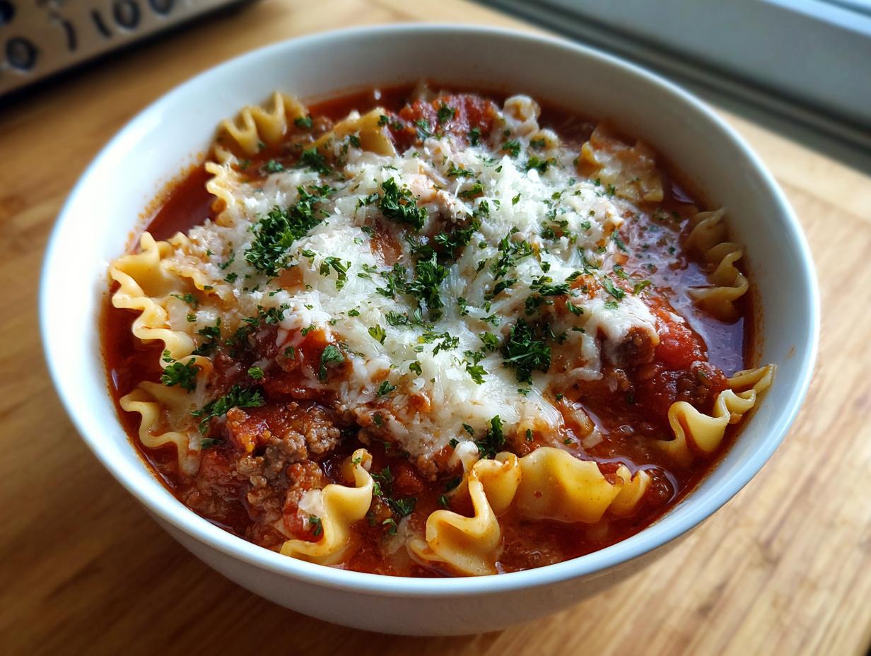 A close-up of a bowl of rich instant pot lasagna soup, topped with melted cheese and fresh parsley.
