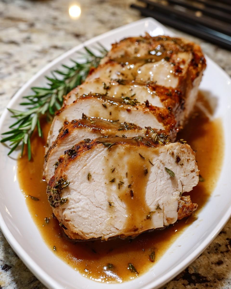 Slices of juicy instant pot turkey breast covered in herb gravy and garnished with rosemary sprigs.