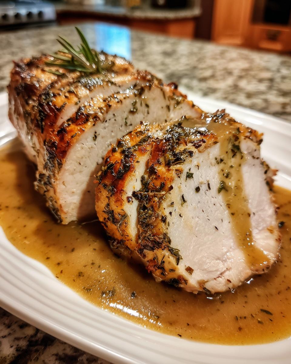 Close-up of sliced, herb-crusted instant pot turkey breast resting in savory brown gravy.